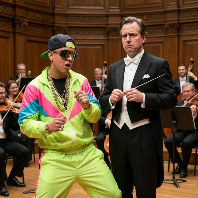 Reggaeton fan dancing with orchestra conductor